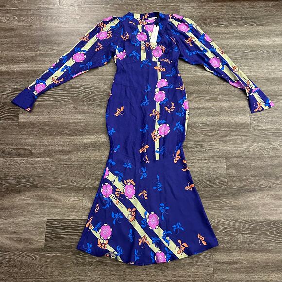 NWT Silvia Astore Jade Blue Floral Silk Midi Dress Size 42 |‎ Medium Long Sleeve - Picture 13 of 16